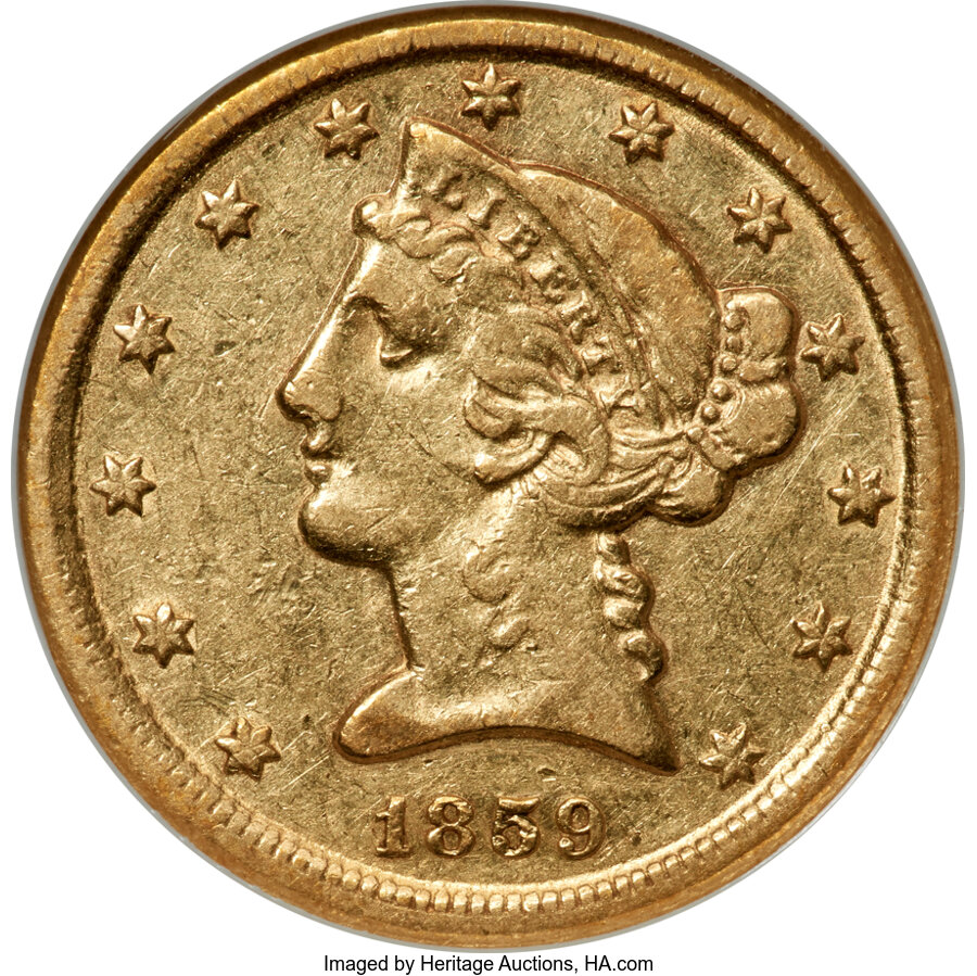 image for: 1859-D $5 Large D XF45 NGC. Winter 45-EE....