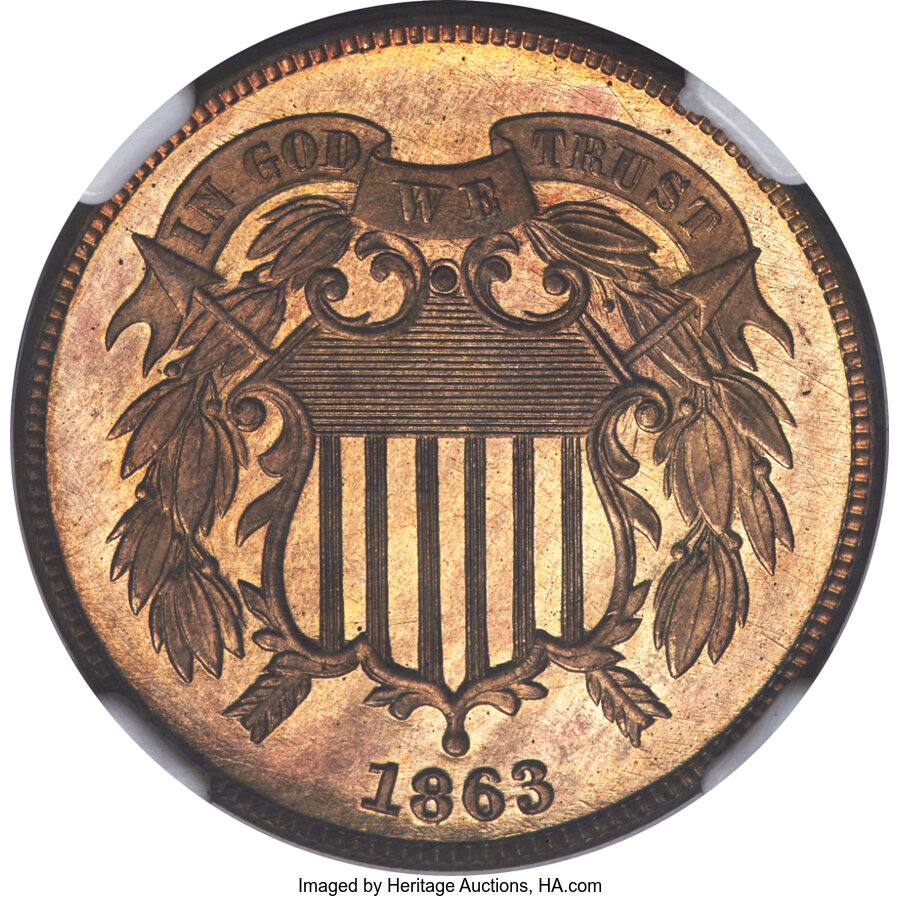 image for: 1863 2C Two Cent Piece, Judd-316, Pollock-381, High R.6, PR66 Red Cameo NGC....
