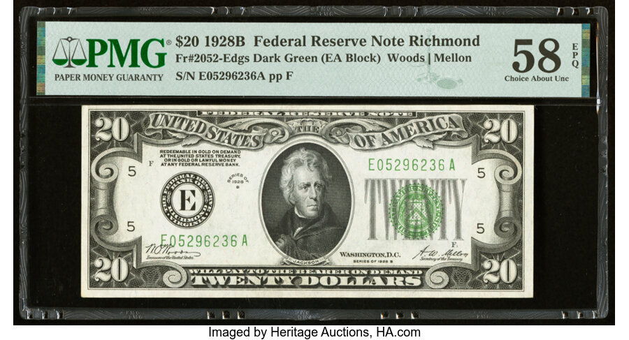 image for: Fr. 2052-E $20 1928B Federal Reserve Note. PMG Choice About Unc 58 EPQ....