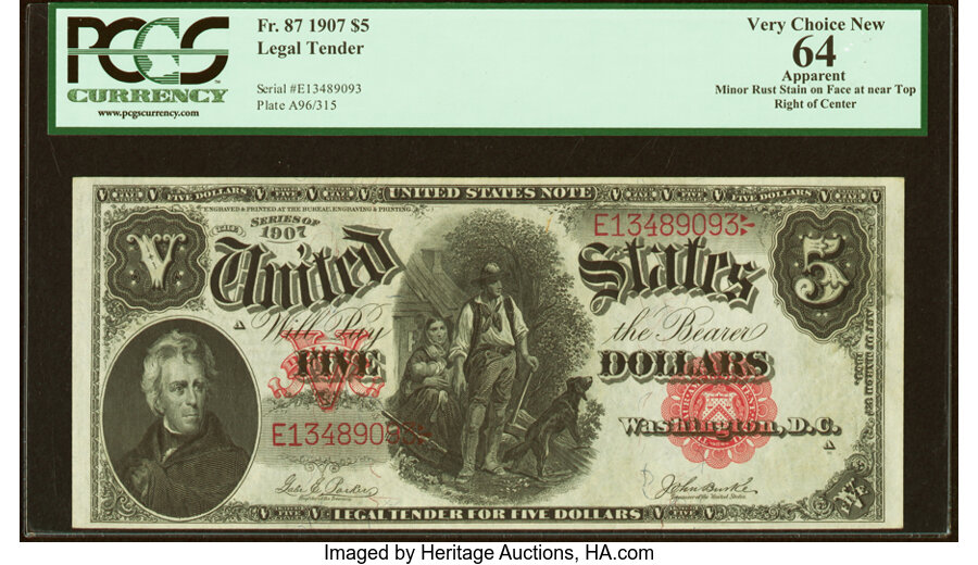 image for: Fr. 87 $5 1907 Legal Tender PCGS Apparent Very Choice New 64....