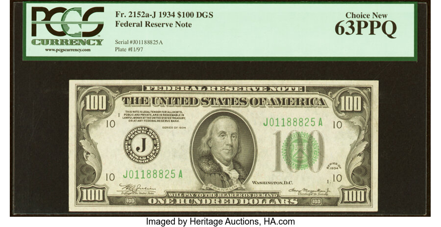 image for: Fr. 2152-J $100 1934 Federal Reserve Note. PCGS Choice New 63PPQ....
