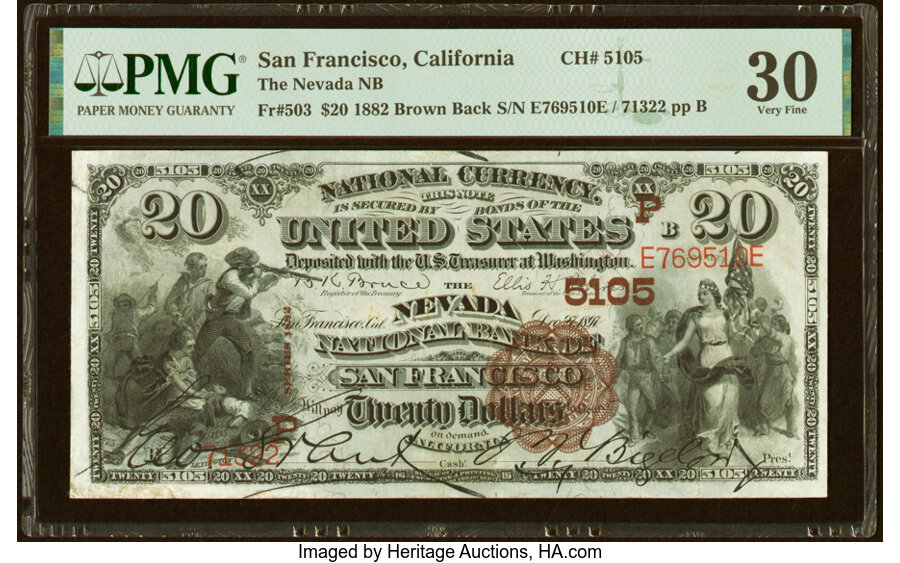 image for: San Francisco, CA - $20 1882 Brown Back Fr. 503 The Nevada National Bank Ch. # (P)5105 PMG Very Fine 30....