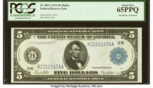 image for: Fr. 887a $5 1914 Federal Reserve Note PCGS Gem New 65PPQ....