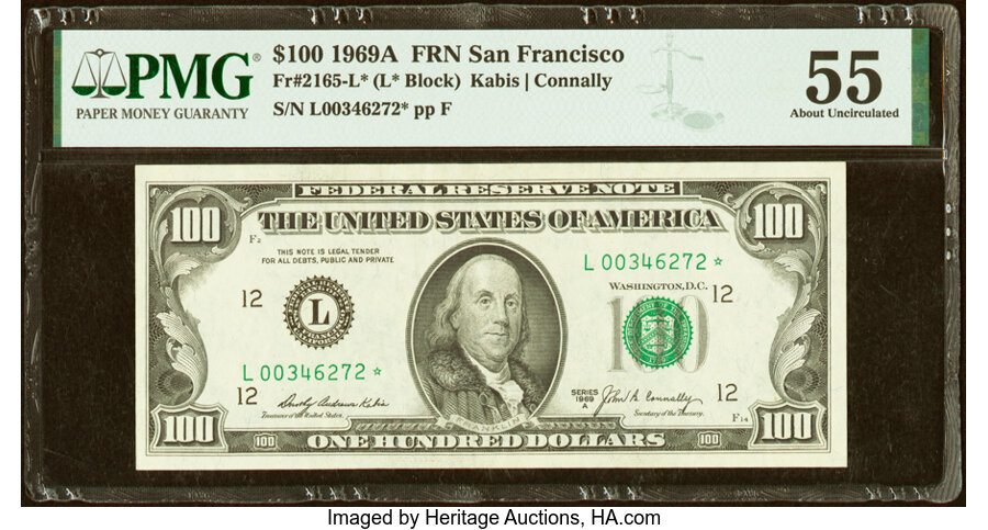 image for: Fr. 2165-L* $100 1969A Federal Reserve Star Note. PMG About Uncirculated 55....