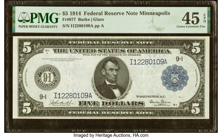 image for: Fr. 877 $5 1914 Federal Reserve Note PMG Choice Extremely Fine 45 EPQ....