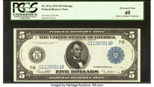 image for: Fr. 871a $5 1914 Federal Reserve Note PCGS Extremely Fine 40....
