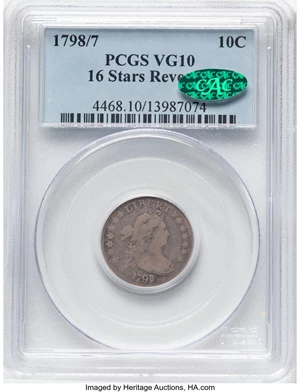 image for: 1798/97 10C 16 Stars Reverse, JR-1, R.3, VG10 PCGS. CAC. CAC Population: (1/9). Mintage 27,550....