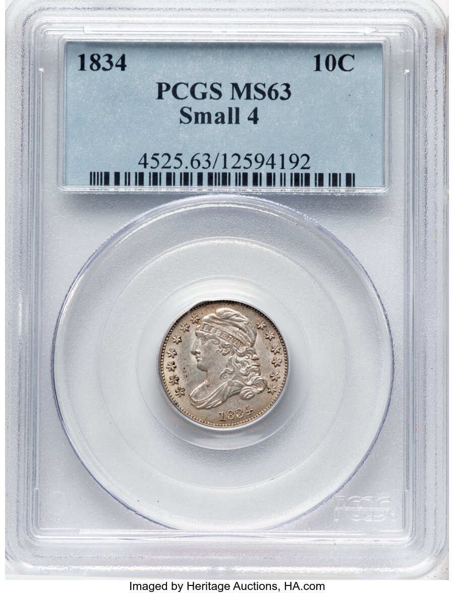 image for: 1834 10C Small 4, JR-7, R.2, MS63 PCGS. PCGS Population: (22/38).  Mintage 635,000....