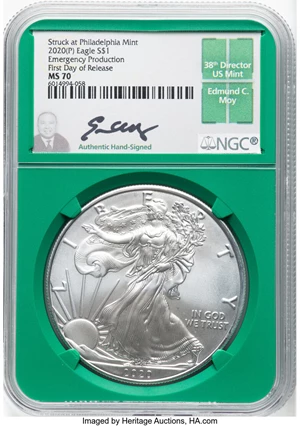 image for: 2020-(P) $1 Silver Eagle, Emergency Production, Struck at Philadelphia Mint, First Day of Release MS70 NGC. Authentic Hand-...