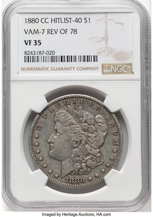 image for: 1880-CC $1 Reverse of 1878, VAM-7, VF35 NGC. A Hit List 40 Variety. NGC Census: (10/1297)....