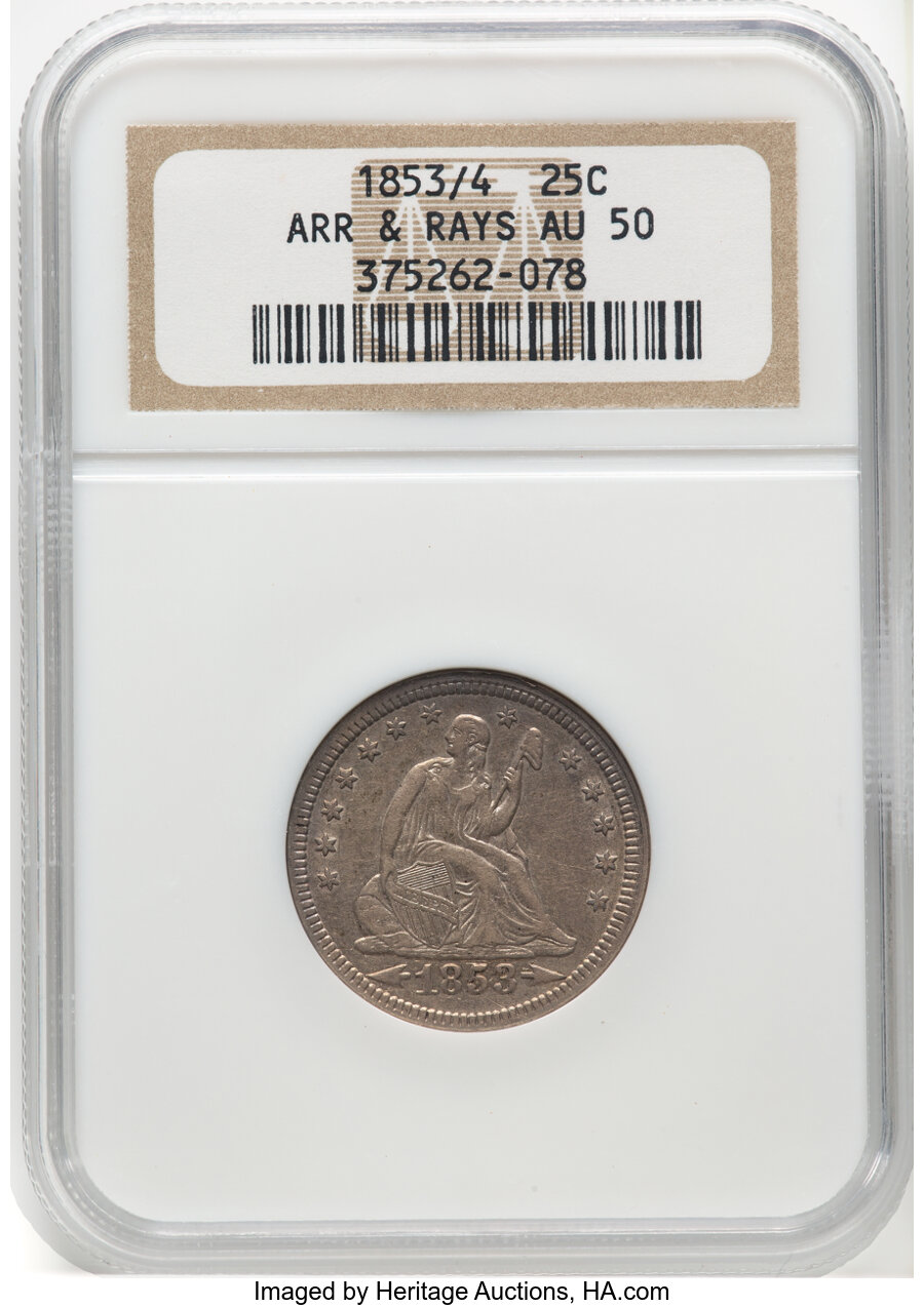 1853/4 Liberty Seated Quarter Arrows & Rays Mint State (MS