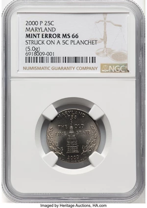 image for: 2000-P 25C Maryland Quarter - Struck on a 5C Planchet -- MS66 NGC. (5.0g)....