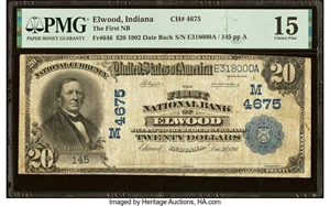 image for: Elwood, IN - $20 1902 Date Back Fr. 646 The First National Bank Ch. # (M)4675 PMG Choice Fine 15....