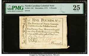 image for: North Carolina December, 1771 £5 PMG Very Fine 25....