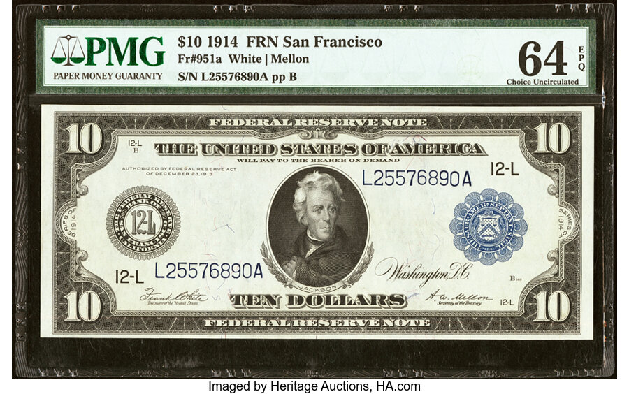 image for: Fr. 951a $10 1914 Federal Reserve Note PMG Choice Uncirculated 64 EPQ....