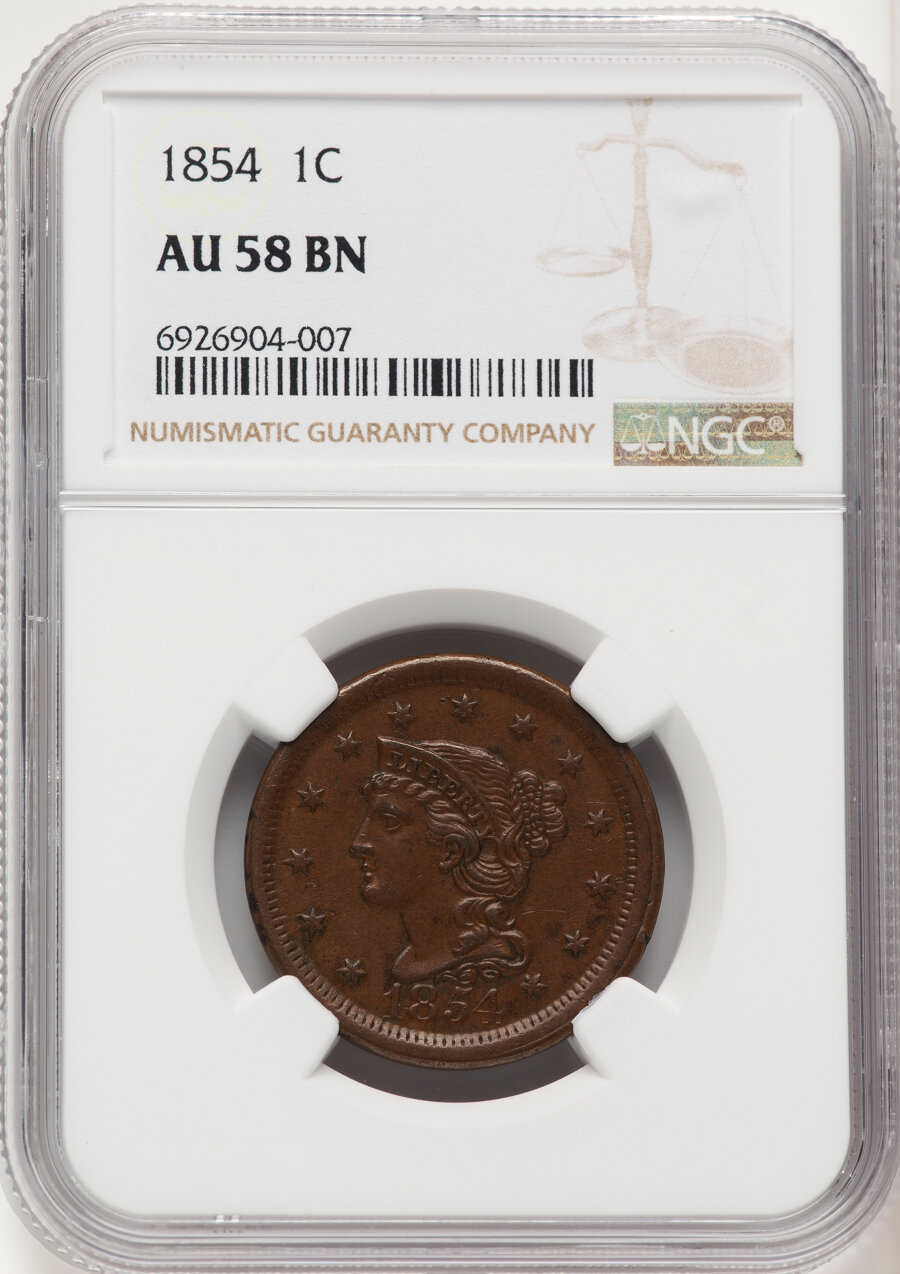 image for: 1854 1C N-25, R.3, AU58 Brown NGC.  Mintage 4,236,156....