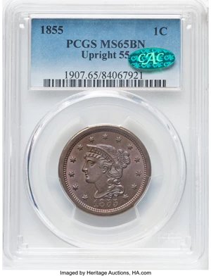 image for: 1855 1C Upright 55, N-4, R.1, MS65 Brown PCGS. CAC. CAC Population: (37/8). Mintage 1,574,829....
