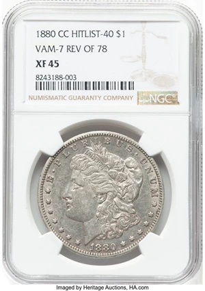 image for: 1880-CC $1 Reverse of 1878, VAM-7, XF45 NGC. A Hit List 40 Variety. NGC Census: (4/1286)....