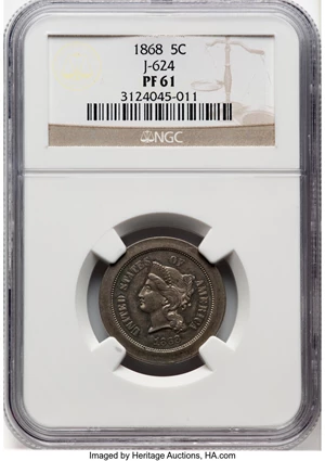 image for: 1868 5C Five Cents, Judd-624, Pollock-693, Low R.6, PR61 NGC. NGC Census: (1/9). ...