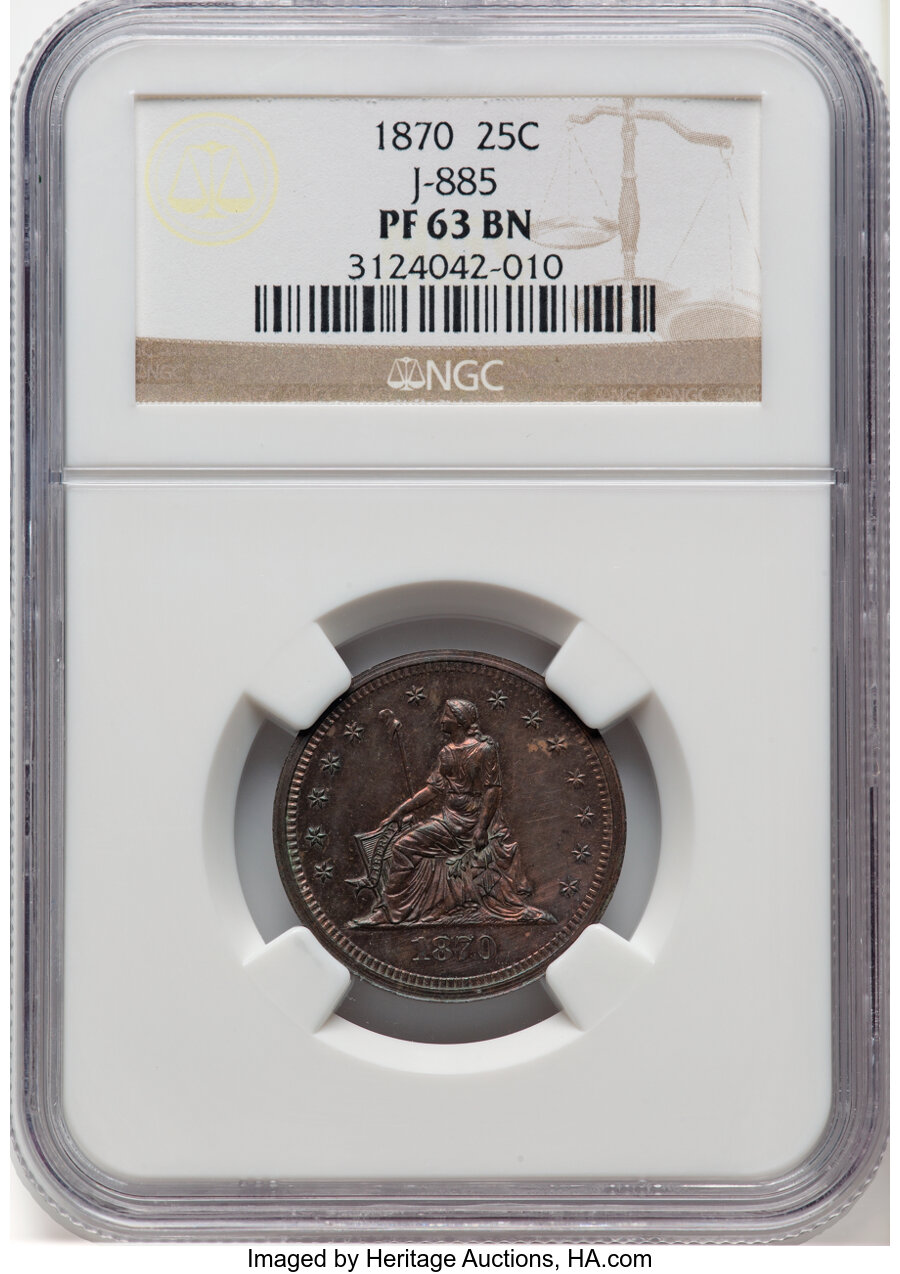 image for: 1870 25C Quarter Dollar, Judd-885, Pollock-983, Low R.7, PR63 Brown NGC. NGC Census: (1/1).  ...