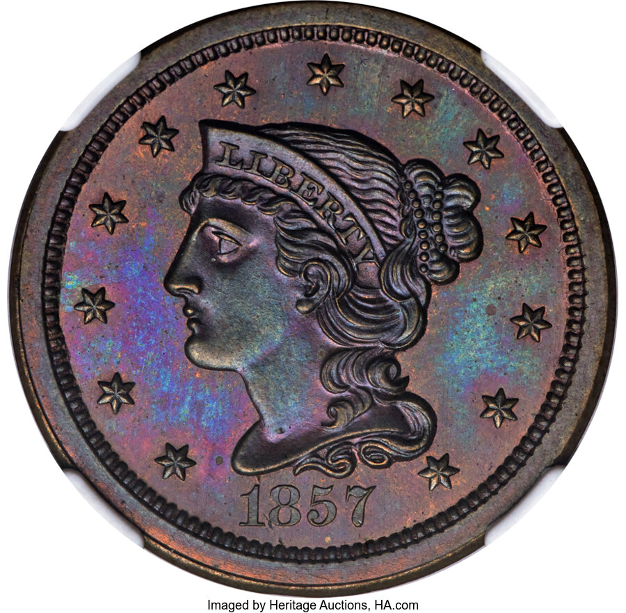 image for: 1857 1C Small Date, N-5, High R.5, PR65 Red and Brown NGC....