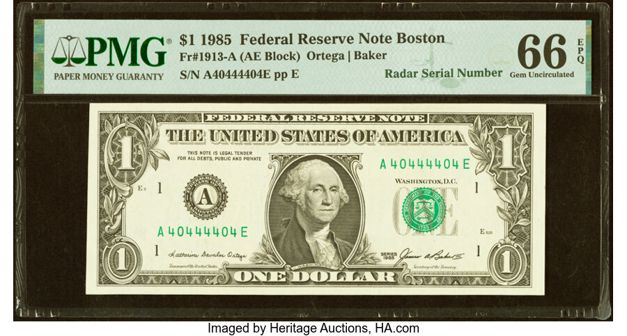 image for: Fancy Radar Serial Number 40444404 Fr. 1913-A $1 1985 Federal Reserve Note. PMG Gem Uncirculated 66 EPQ....