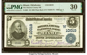 image for: Miami, OK - $5 1902 Plain Back Fr. 601 The Ottawa County National Bank Ch. # (W)10019 PMG Very Fine 30....