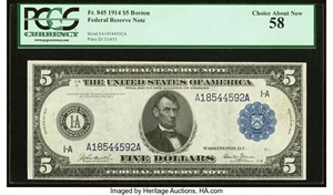 image for: Fr. 845 $5 1914 Federal Reserve Note PCGS Choice About New 58....