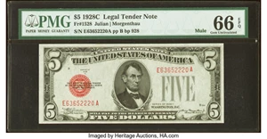 image for: Fr. 1528 $5 1928C Mule Legal Tender Note. PMG Gem Uncirculated 66 EPQ....