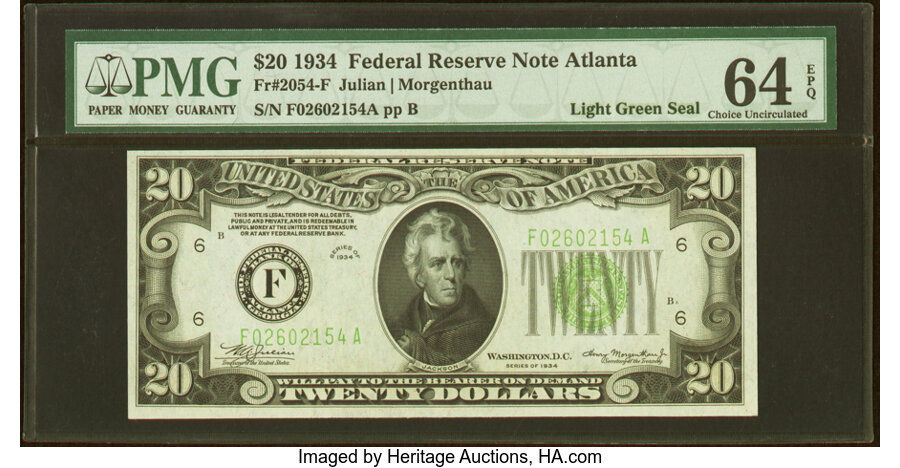 image for: Fr. 2054-F $20 1934 Light Green Seal Federal Reserve Note. PMG Choice Uncirculated 64 EPQ....