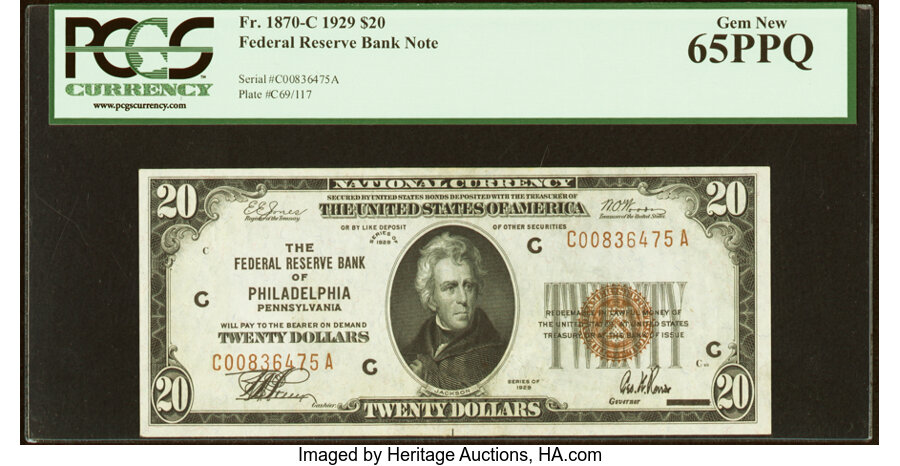 image for: Fr. 1870-C $20 1929 Federal Reserve Bank Note. PCGS Gem New 65PPQ....