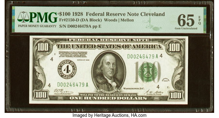 image for: Fr. 2150-D $100 1928 Federal Reserve Note. PMG Gem Uncirculated 65 EPQ....