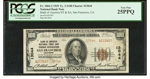 image for: San Francisco, CA - $100 1929 Ty. 2 Bank of America National Trust & Savings Assoc Ch. # 13044 PCGS Very Fine 25PPQ....