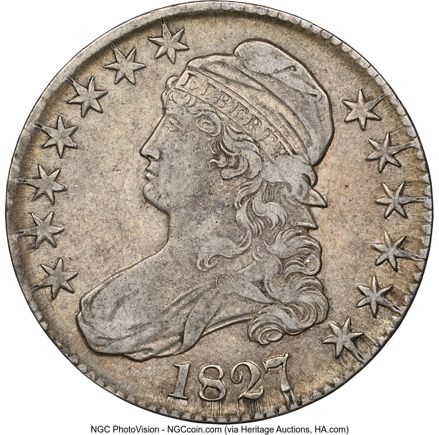 image for: 1827 50C Curl Base 2, O-146, R.1, XF45 NGC.  Mintage 5,493,400....