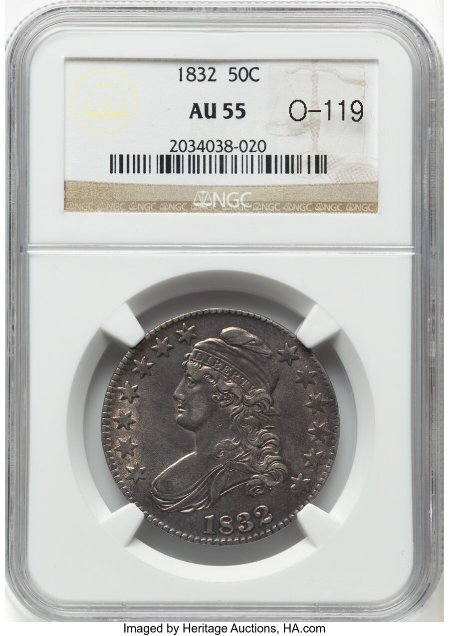 image for: 1832 50C Small Letters, O-119, Low R.4, AU55 NGC. Mintage 4,797,000....