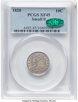 image for: 1820 10C Small 0, JR-2, R.3, XF45 PCGS. CAC. CAC Population: (5/14)....