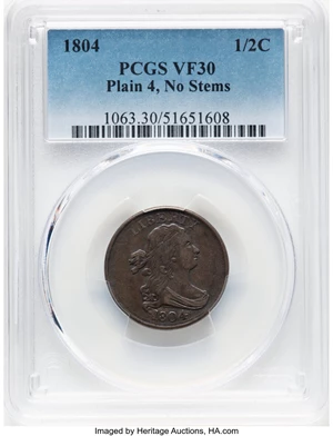 image for: 1804 1/2 C Plain 4, No Stems, C-13, B-10, R.1, VF30 PCGS. Mintage 1,055,312....