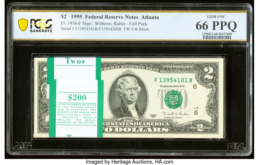 image for: Fr. 1936-F $2 1995 Federal Reserve Notes. Original Pack of 100. PCGS Banknote Gem Unc 66 PPQ....