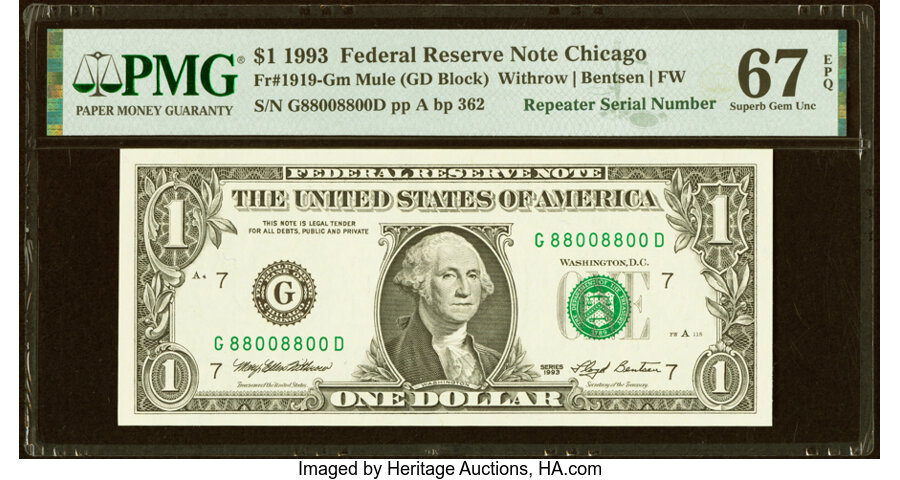 image for: Fancy Repeater Serial Number 88008800 Fr. 1919-G $1 1993 Mule Federal Reserve Note. PMG Superb Gem Unc 67 EPQ....