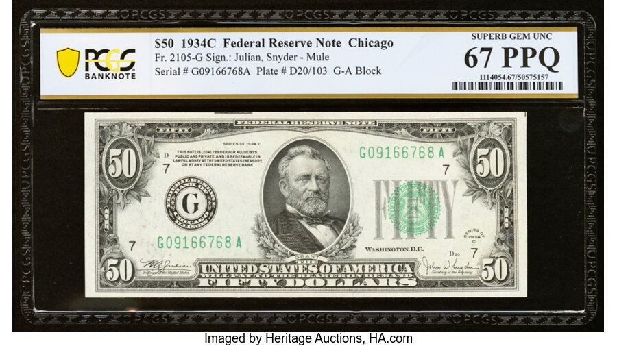 image for: Fr. 2105-G $50 1934C Federal Reserve Note. PCGS Banknote Superb Gem Unc 67 PPQ....
