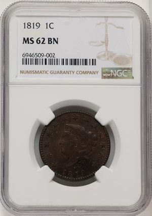 image for: 1819 1C Small Date, N-9, R.1, MS62 Brown NGC. NGC Census: (0/0)....