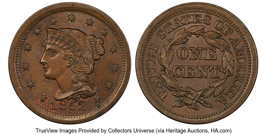 image for: 1852 1C N-12, N-13, R.1, MS64 Brown PCGS. Ex: Twin Leaf Collection. PCGS Population: (4/8). NGC Census: (9/6). CDN: $405 Wh...