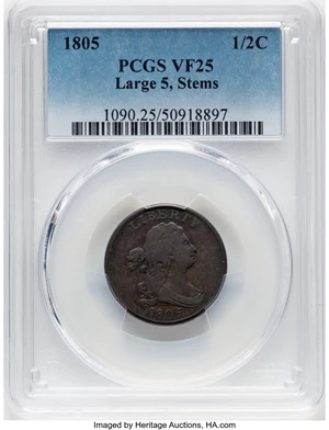 image for: 1805 1/2 C Large 5, Stems, C-4, B-4, R.2, VF25 PCGS....