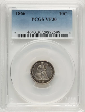 image for: 1866 10C VF30 PCGS. PCGS Population: (8/68). Mintage 8,000. ...