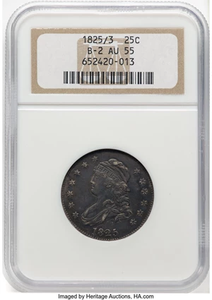 image for: 1825/4/(2) 25C B-2, FS-302, R.2, AU55 NGC. NGC Census: (15/42)....