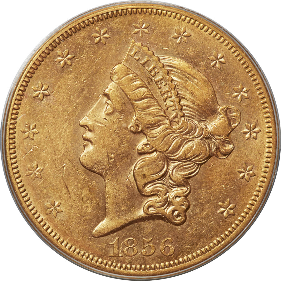 image for: 1856-S $20 Variety-17J, Split Serif, AU53 PCGS....