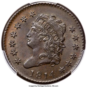 image for: 1814 1C Plain 4, S-295, B-2, R.1, MS62 Brown PCGS....