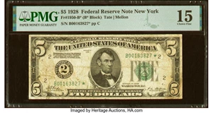 image for: Fr. 1950-B* $5 1928 Federal Reserve Star Note. PMG Choice Fine 15....