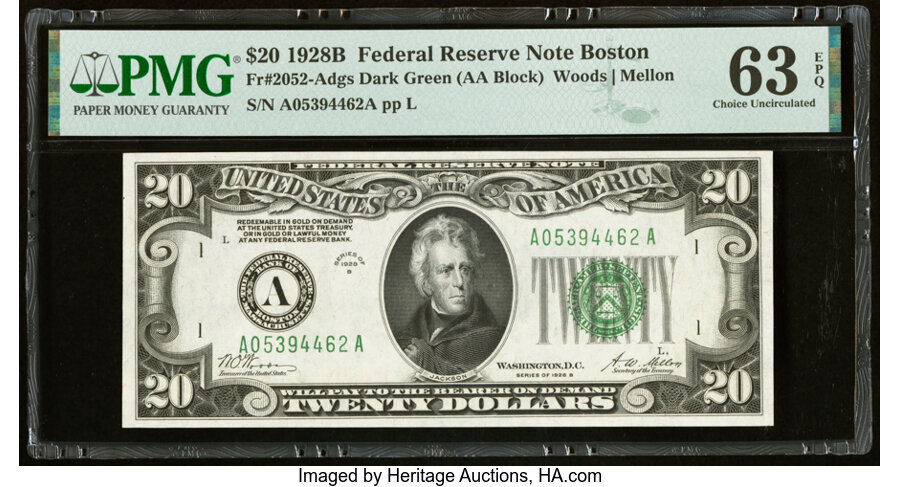 image for: Fr. 2052-A $20 1928B Federal Reserve Note. PMG Choice Uncirculated 63 EPQ....