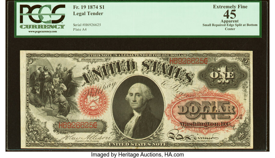 image for: Fr. 19 $1 1874 Legal Tender PCGS Apparent Extremely Fine 45....